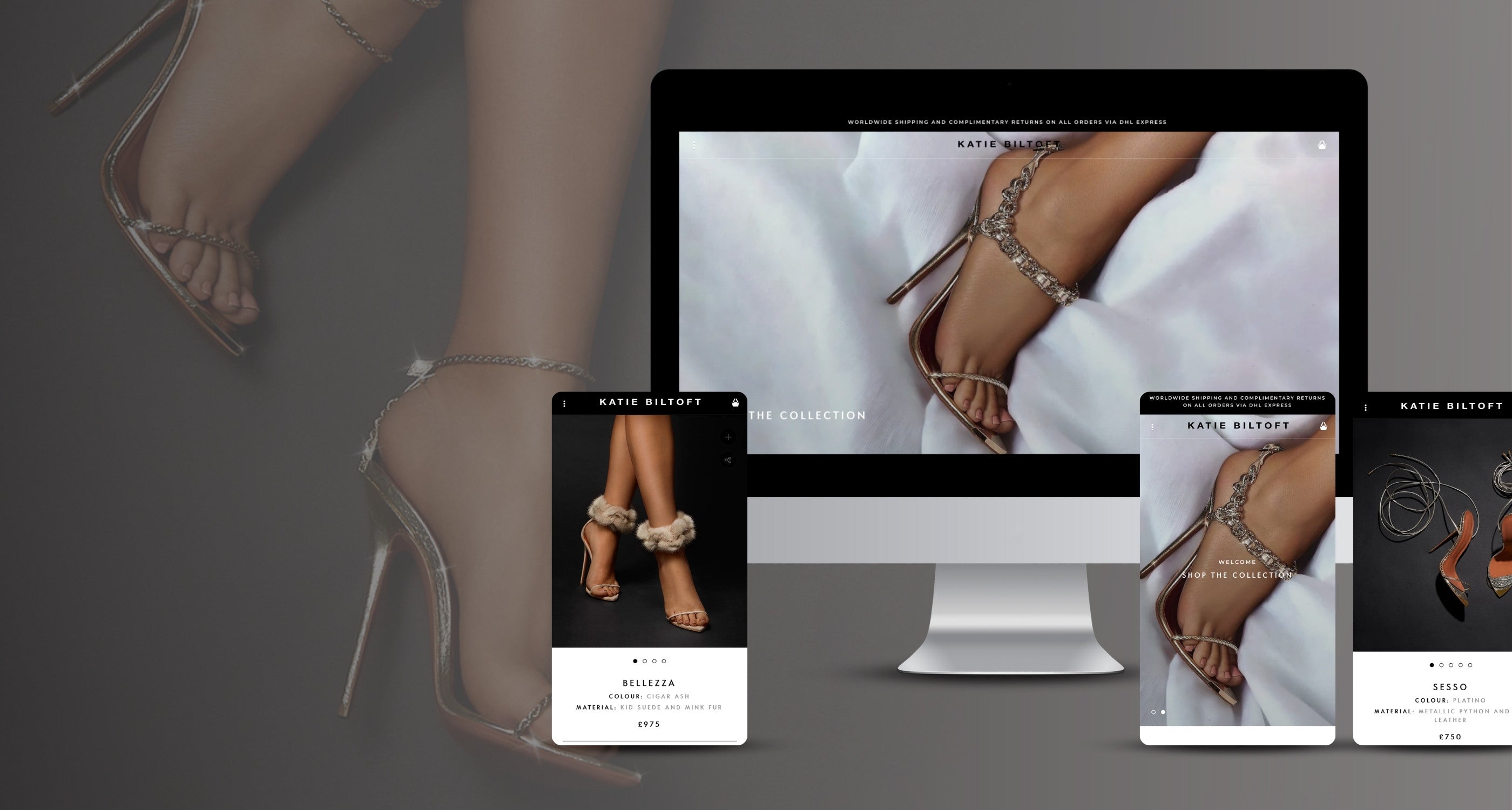 laptop /  phone screen showing examples of Katie Biltoft website with blingy high heeled shoes for 1HUTCH portfolio 